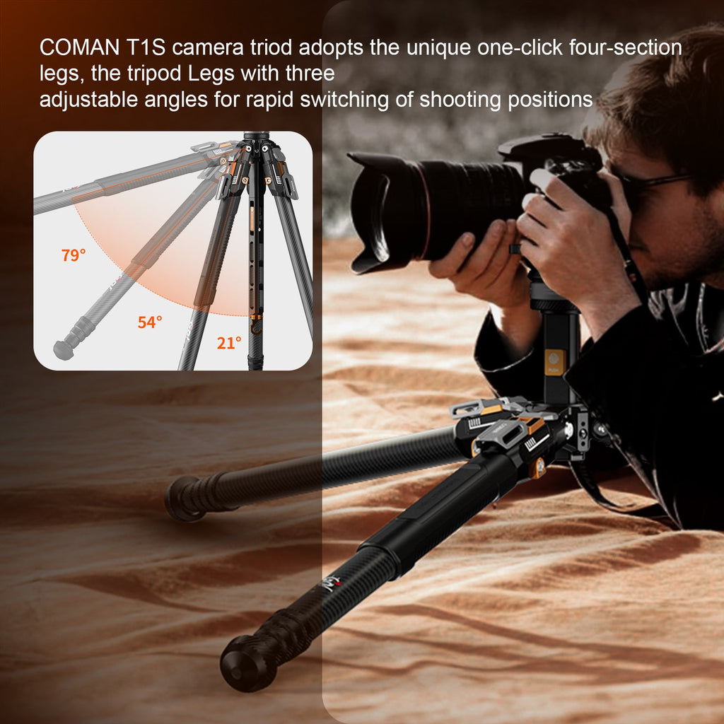COMAN T1S Snap-Open Carbon Fiber Video Tripod 164.6cm