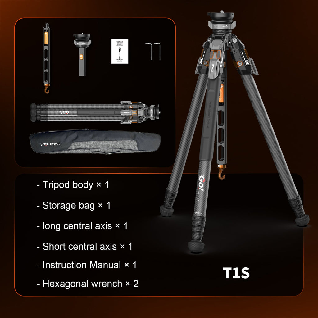 COMAN T1S Snap-Open Carbon Fiber Video Tripod 164.6cm