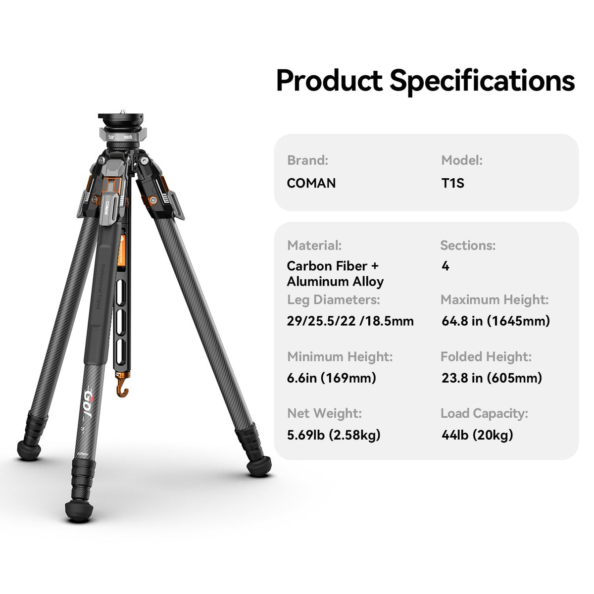 COMAN T1S Snap-Open Carbon Fiber Video Tripod 164.6cm